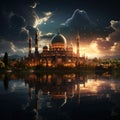 Mosque in the morning with a backdrop of the planet moon and clouds