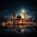 Mosque in the morning with a backdrop of the planet moon and clouds