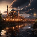 Mosque in the morning with a backdrop of the planet moon and clouds