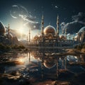 Mosque in the morning with a backdrop of the planet moon and clouds