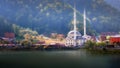 Mosque on the mountain lake Uzungol, Trabzon, Turkey Royalty Free Stock Photo
