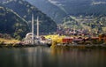 Mosque on the mountain lake Uzungol, Trabzon, Turkey. Royalty Free Stock Photo