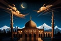 Mosque with mountains, stars and hilal or moon at night. illustration for Ramadan. ai generated