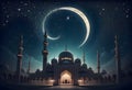 Mosque with Multiple Domes and Minarets under Crescent Moon, Generative AI