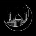 Islamic mosque building. Thin liner islamic mosque with moon. Isolated on black background. Illustration vector