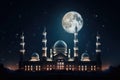 Mosque at night with moon and stars. Ramadan Kareem background, Mosque at night. the mosque building in magical moonlight, AI Royalty Free Stock Photo