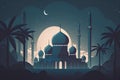 Mosque at night. Ramadan Kareem greeting card. Vector illustration