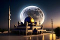 Mosque Night time full moon Ramadan Kareem Eid Greetingsl Islamic Culture Ramzaan Generative AI