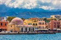 Mosque in the old Venetian harbor of Chania town on Crete island, Greece. Old mosque in Chania. Janissaries or Kioutsouk Hassan