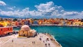 Mosque in the old Venetian harbor of Chania town on Crete island, Greece. Old mosque in Chania. Janissaries or Kioutsouk Hassan