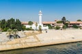 The mosque on the right bank of the Suez Canal. View from the water