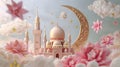 Mosque with pink flowers and golden moon, Ramadan