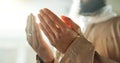 Mosque, prayer and hands of Islamic man with love, mindfulness and gratitude in faith. Worship, religion and Muslim Royalty Free Stock Photo