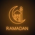 Mosque with ramadan moon neon light icon