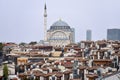 The mosque rises above brown roofs in Istanbul, Turkey