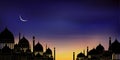 Mosque silhouette with blue, pink and orange sky sunset in evening, Peacful view of isamic mosque at night with crescent moon and Royalty Free Stock Photo