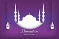 Mosque silhouette and handwritten ramadan kareem and hanging lamps with purple background, vector