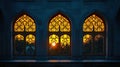 Mosque silhouette, illuminated windows, portraying unity, and shared spirituality with copy space