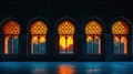 Mosque silhouette, illuminated windows, portraying unity, and shared spirituality with copy space