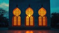 Mosque silhouette, illuminated windows, portraying unity, and shared spirituality with copy space