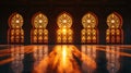 Mosque silhouette, illuminated windows, portraying unity, and shared spirituality with copy space