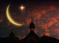Mosque silhouette in night sky with crescent moon