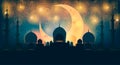 Mosque silhouette in night sky with crescent moon and star Royalty Free Stock Photo