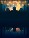 Mosque silhouette in night sky with crescent moon and star Royalty Free Stock Photo