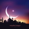 Mosque silhouette in night sky with crescent moon and star Royalty Free Stock Photo