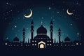 Mosque silhouette in night sky with crescent moon and stars, ramadan. Generative AI Royalty Free Stock Photo