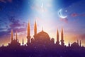Mosque silhouettes, shiny moon and stars, muslim holy month