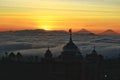 A mosque in slamet mountain with beautiful sunrise background