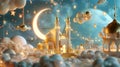 Mosque with moon and golden stars, Ramadan