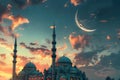 A mosque silhouette against a sunset sky with a crescent moon Royalty Free Stock Photo