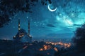 A mosque with stars at night, ramadan background