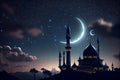 Mosque sunset sky, moon, holy night, islamic night and silhouette mosque, AI Generated