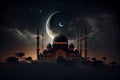Mosque sunset sky, moon, holy night, islamic night and silhouette mosque, AI Generated