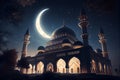 Mosque sunset sky, moon, holy night, islamic night and silhouette mosque, AI Generated