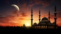 Mosque sunset sky, moon, holy night, islamic night and silhouette mosque, panaromic islamic wallpaper