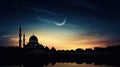 Mosque sunset sky, moon, holy night, islamic night and silhouette mosque, panaromic islamic wallpaper