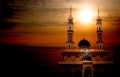 Mosques Dome and Moon on night twilight Sky dark red Background.