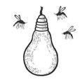 Mosquito flying around lamp bulb sketch engraving Royalty Free Stock Photo