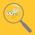 Mosquito magnifer research Cute cartoon funny character. Insect collection. Baby illustration. Yellow background. Flat design. Royalty Free Stock Photo