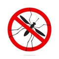 Mosquito silhouette and sign prohibited on a white background. Stop sticker mosquitoes, insect pests. Flat style design.