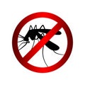 Mosquito in warning prohibited red circle sign, anti mosquitoes insect control symbol, mosquito warning sign, mosquitoes in a Royalty Free Stock Photo