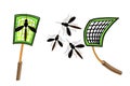 Mosquitoes and swatter isolated on white background.