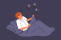 Mosquitoes will attack sleeping man lying in bed, and horrified by sight of giant flying insects Royalty Free Stock Photo