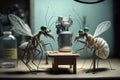 Mosquitos dressed as scientists experimenting, created with Generative AI technology