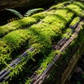 Moss Bryophyta covering a fallen tree trunk in a dense forest Royalty Free Stock Photo