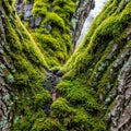 Moss Bryophyta covers the bark of a tree creating a textured Royalty Free Stock Photo